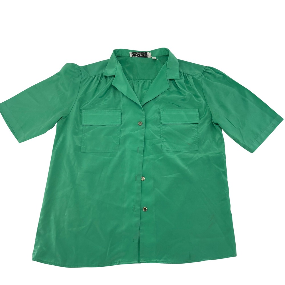 Vintage Chaus Green Short Sleeve Button Down Blouse Size 11/12 Pocket Top
